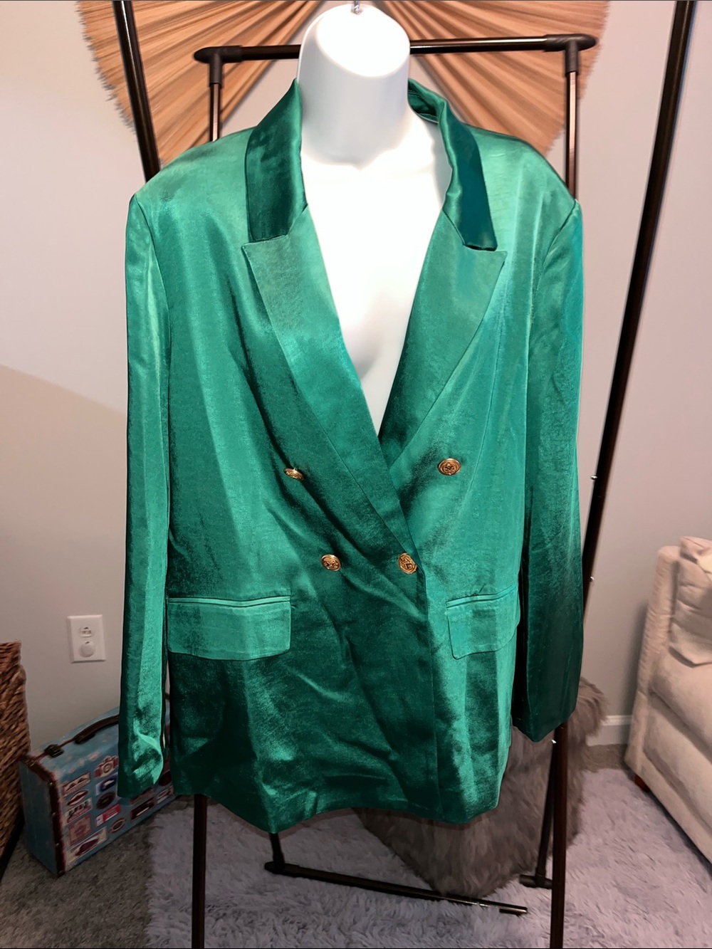 Emerald Green Satin Double-Breasted Blazer